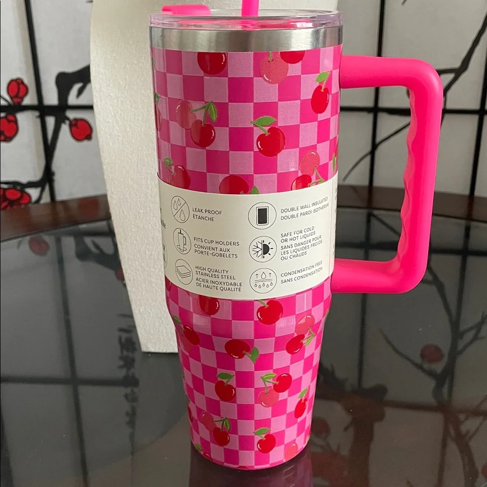 Ashland Pink Cherry Check Stainless Steel Insulated Tumbler with Handle
